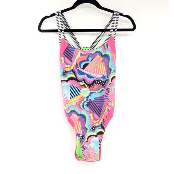 Dolfin/ Uglies Pink Green Peace Sign Hippie Full Butt Coverage Swimsuit SIZE 36 - Picture 1 of 8